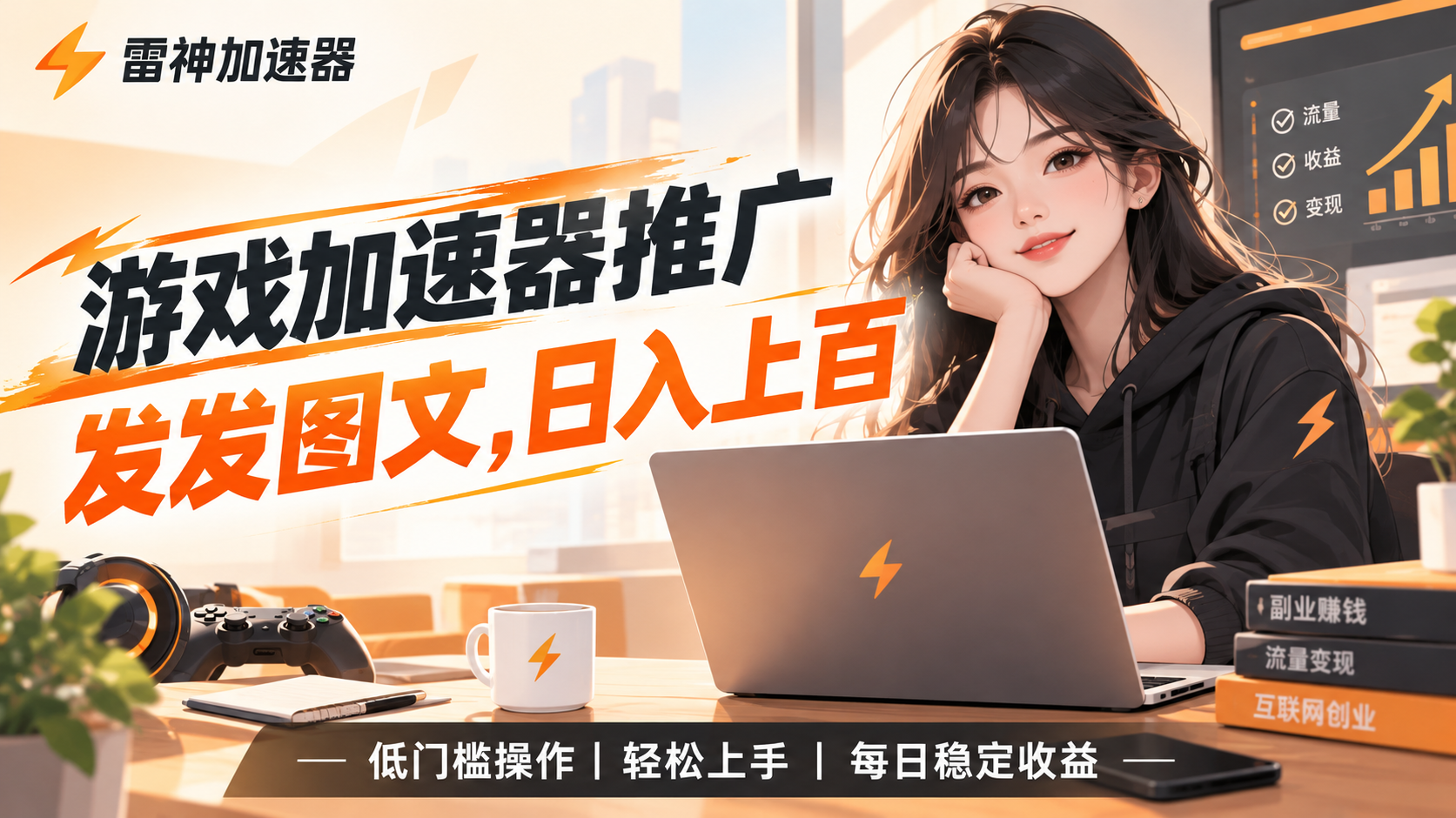 游戏加速器推广项目，每天发发图文视频日入几十