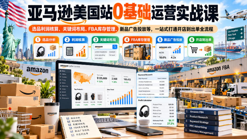 亚马逊美国站0基础运营实战课｜选品利润核算、关键词布局、FBA库存管理、新品广告投放等，一站式打通开店到出单全流程