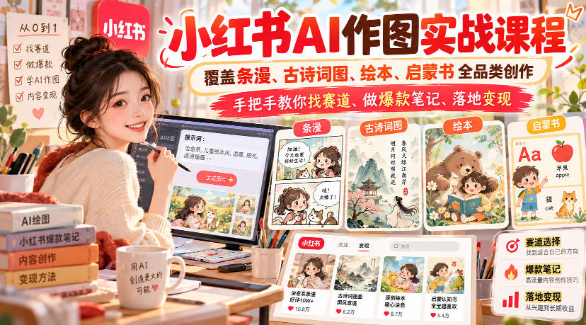 小红书AI作图实战课程，覆盖条漫、古诗词图、绘本、启蒙书全品类创作，手把手教你找赛道、做爆款笔记、落地变现(更新1009)
