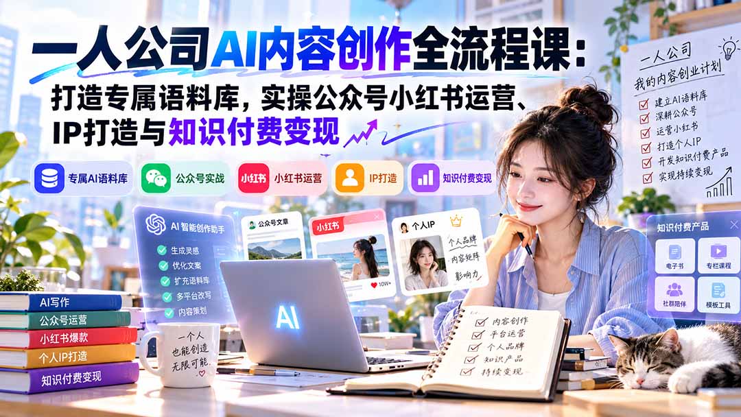 一人公司AI内容创作全流程课：打造专属语料库，实操公众号小红书运营、IP打造与知识付费变现方法论