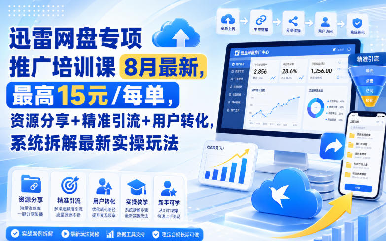 迅雷网盘专项推广培训课9月最新，最高15米/每单，资源分享+精准引流+用户转化，系统拆解最新实操玩法(更新1021)