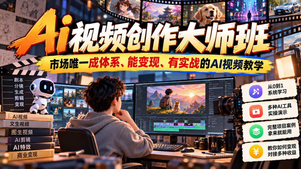 Ai视频创作大师班，市场唯一成体系、能变现、有实战的AI视频教学(更新2026)