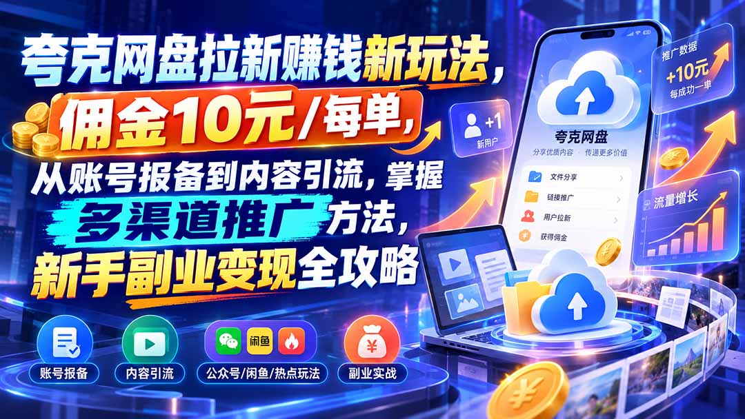 夸克网盘拉新赚钱新玩法，佣金10元/每单，从账号报备到内容引流，掌握多渠道推广方法，新手副业变现全攻略